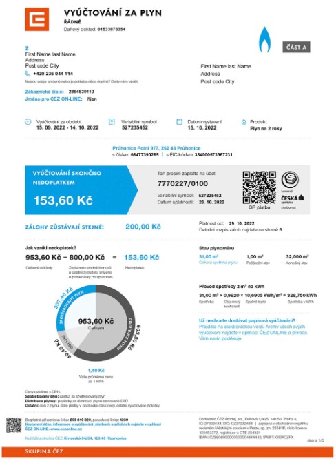 Czech Vyuctovani Za Plyn utility bill in PSD format